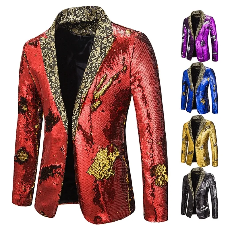 Mężczyźni Blezer Shiny cekinowe kołnierz szalik Suit Men Wedding Groom Singer Prom Glitter Chucil Kurtka DJ Club Stage Suit 220801