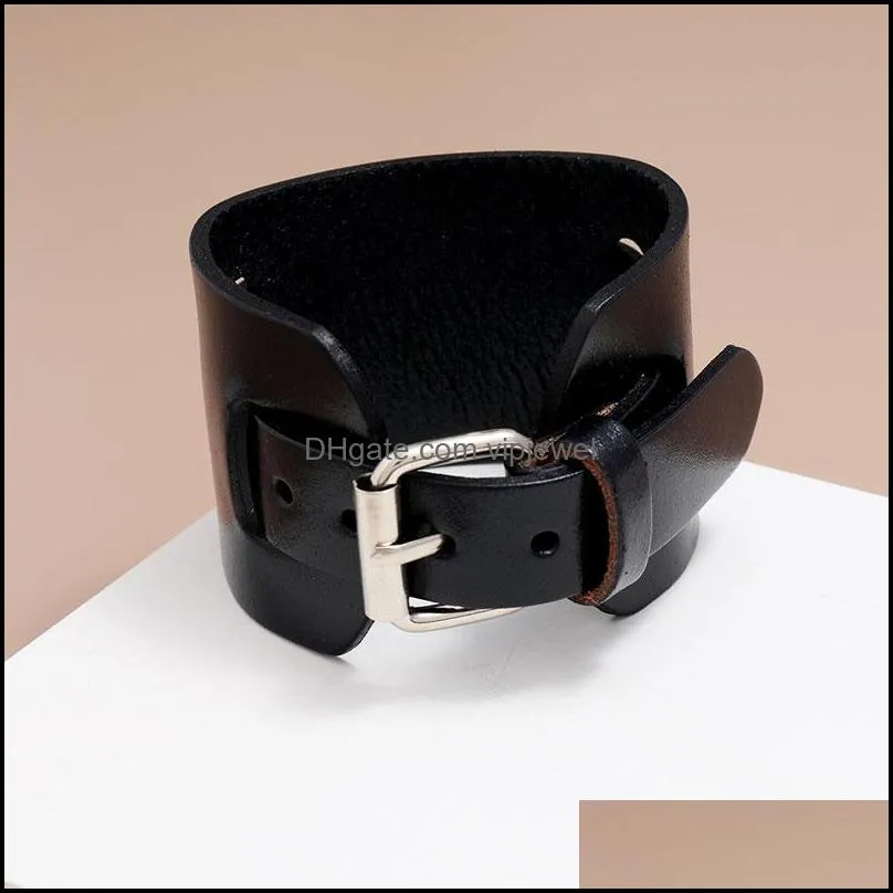 simple vintage wide black brown leather adjustable belt charm bracelets bangle punk mens fashion party jewelry