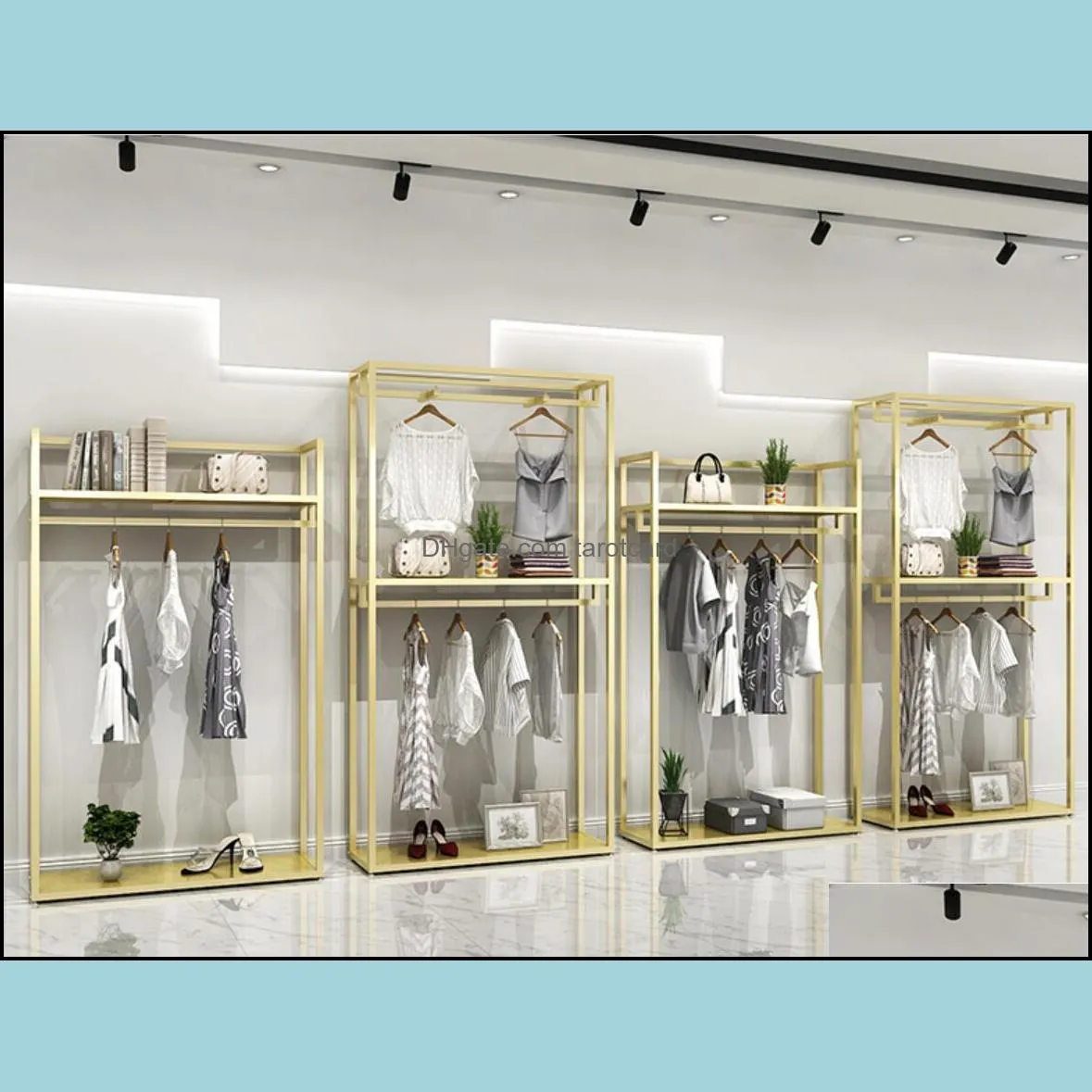 Gold Hanger men`s and women`s clothing store shelf Commercial Furniture clothes display rack floor type shelfs golden hangers cloth