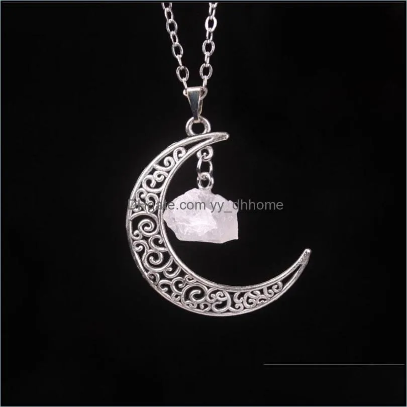 irregular natural original stone crystal quartz style moon shape pendant necklaces with 18inch link chain for women men girl jewelry