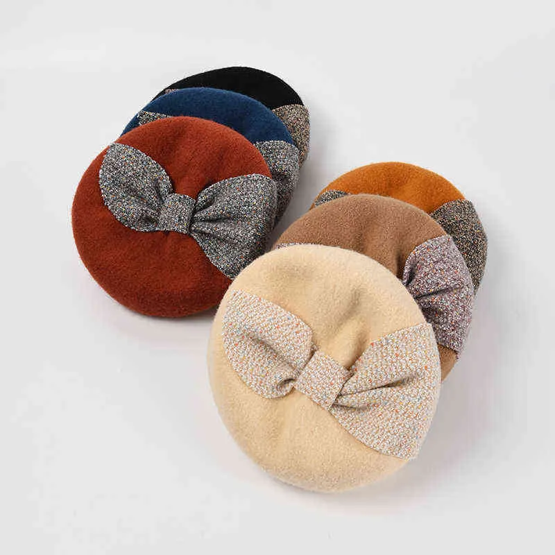 British Style Hats for Women Autumn Winter Big Bow Decoration Wool Keep Warm Painter Hat Unisex Men Cap Kvinnlig basker J220722