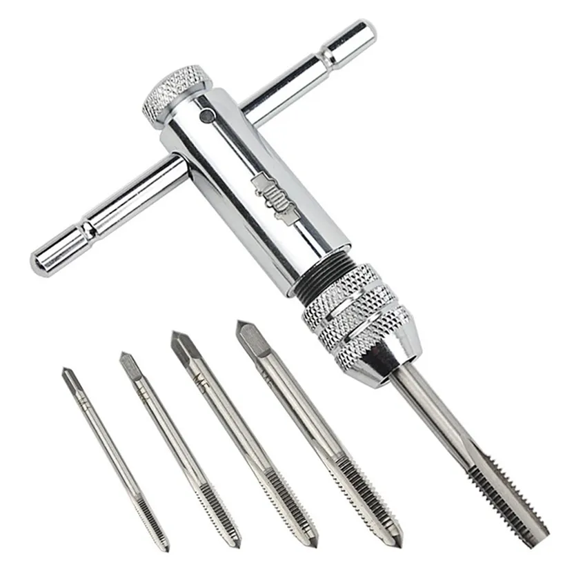 Handverktyg Justerbar silver T-Handtag Ratchet Tap Holder Wrench med 5st M3-M8 3mm-8mm Maskinskruvtr￥d Metrisk Plug T-formad TAP 99HMCLUB