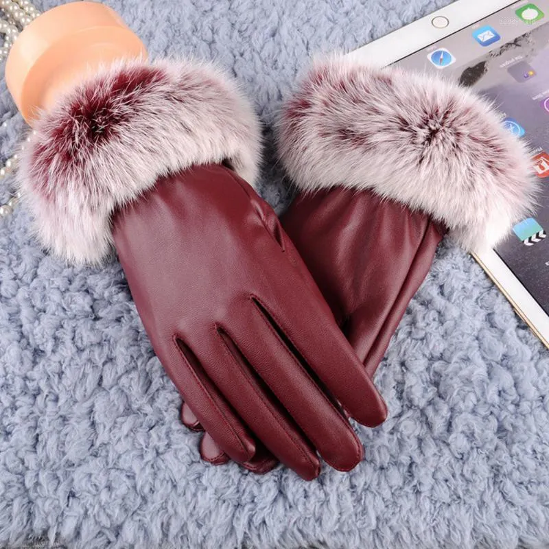 Five Fingers Gloves Women Black Leather Autumn Winter Warm Fur Lady Elegant Girls Brand Mittens Free Size Female 2022
