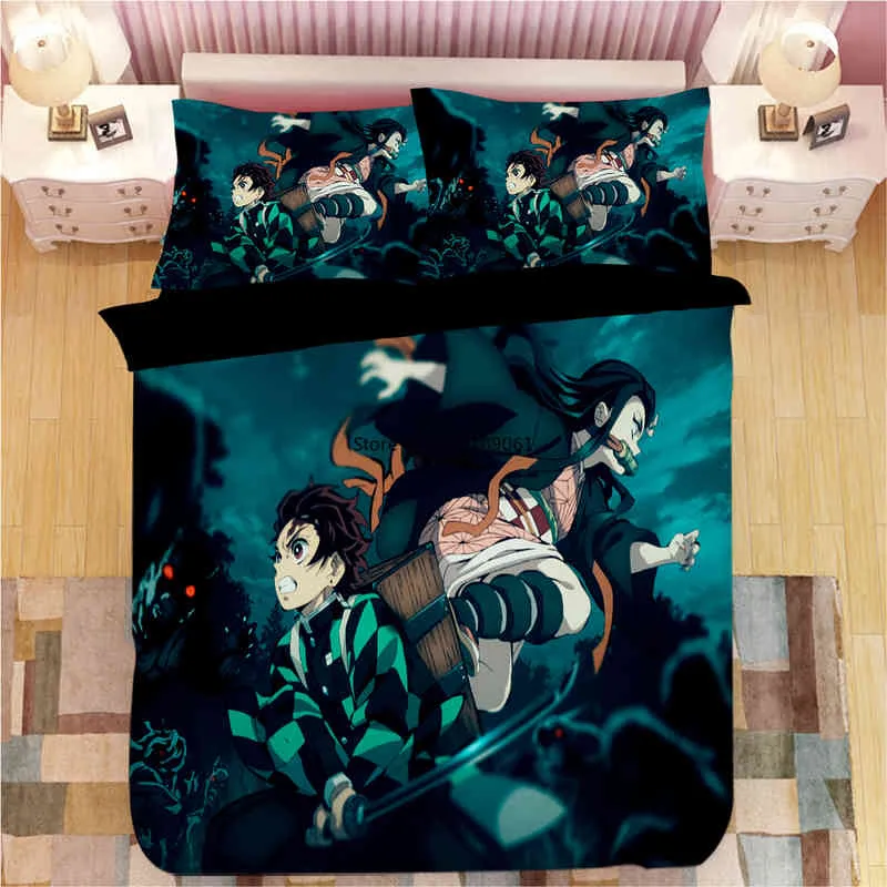 Demon Slayer Sticker Bed Linen Cartoon Anime Däcke täcker Kudde med barn med sängkläder.