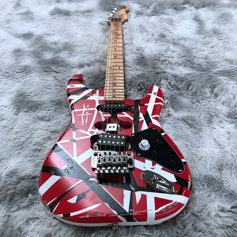 Chitarra elettrica Edward Eddie Van Halen Black White Stripe Red Heavy Relic Manico in acero, Floyd Rose Tremolo 21 tasti