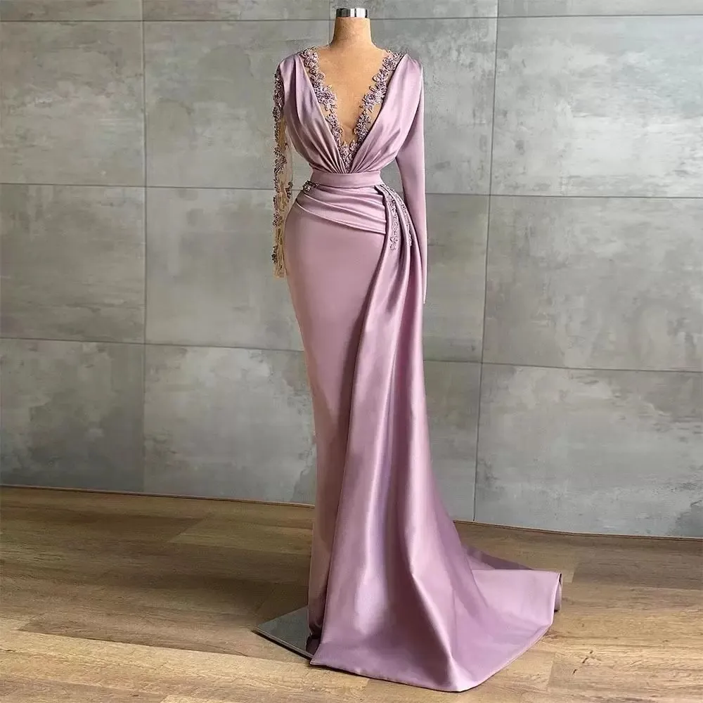 Lawenda Mermaid wieczór Prom Dress Cekiny Z Długim Rękawem Głębokie V Neck Koronki Appliqued Glitter Sweep Pociąg Wieczór Szata De Soirée Plus Size Custom Made