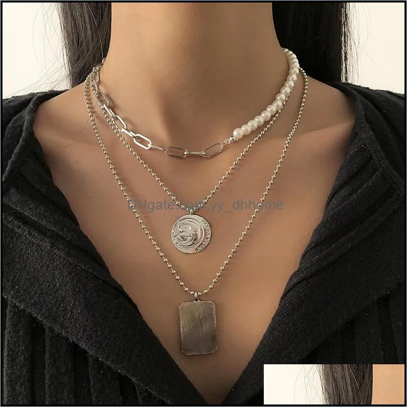 Retro simple chains stitching pearl Pendant Necklaces Creative diamond inlaid with diamond star and Moon tag Clavicle Chain Dinner Party Neck Jewelry