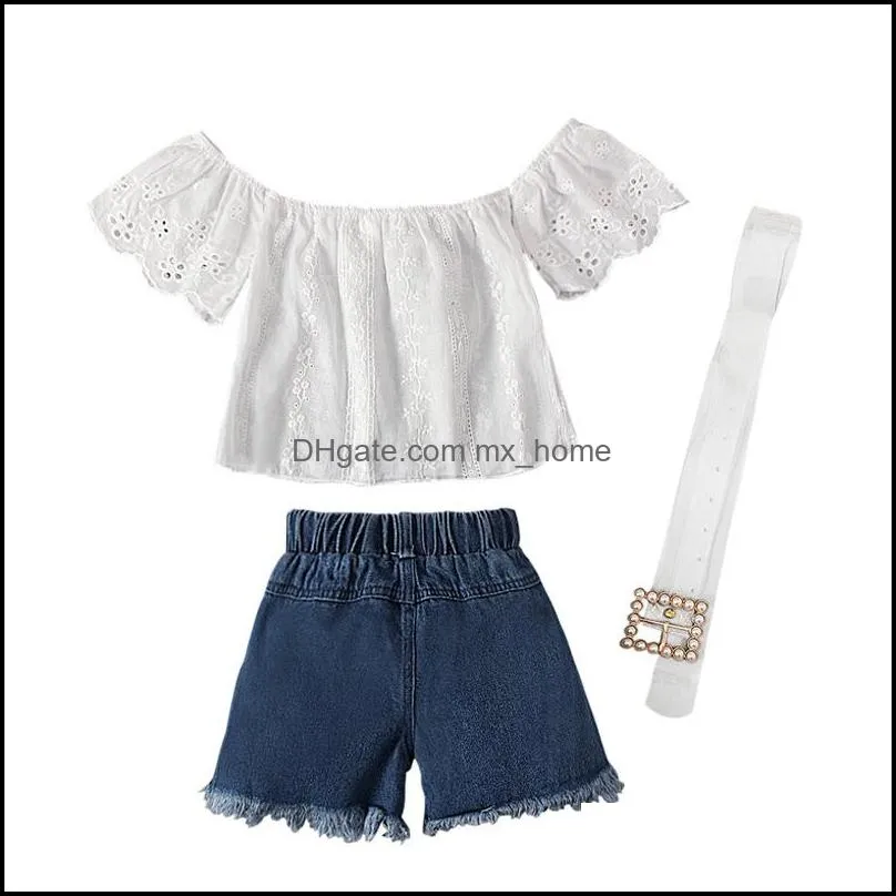 kids clothing sets girls outfits children off shoulder tops denim shorts belt 3pcs/set summer fashion boutique baby clothes z5749