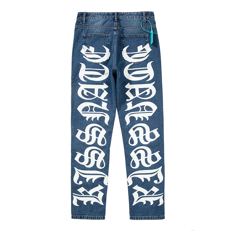 Retour Lettre Imprimer Lavé Bleu Hommes Jeans Pantalon Déchiré Streetwear Droite Casual Surdimensionné Baggy Denim Pantalon