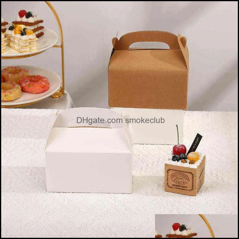 Portable Cake Carton Kraft Paper Cookie Nougat Baking Dessert Packaging Box Candy Gift Wrapping Paper Bag 10pcs CX220125