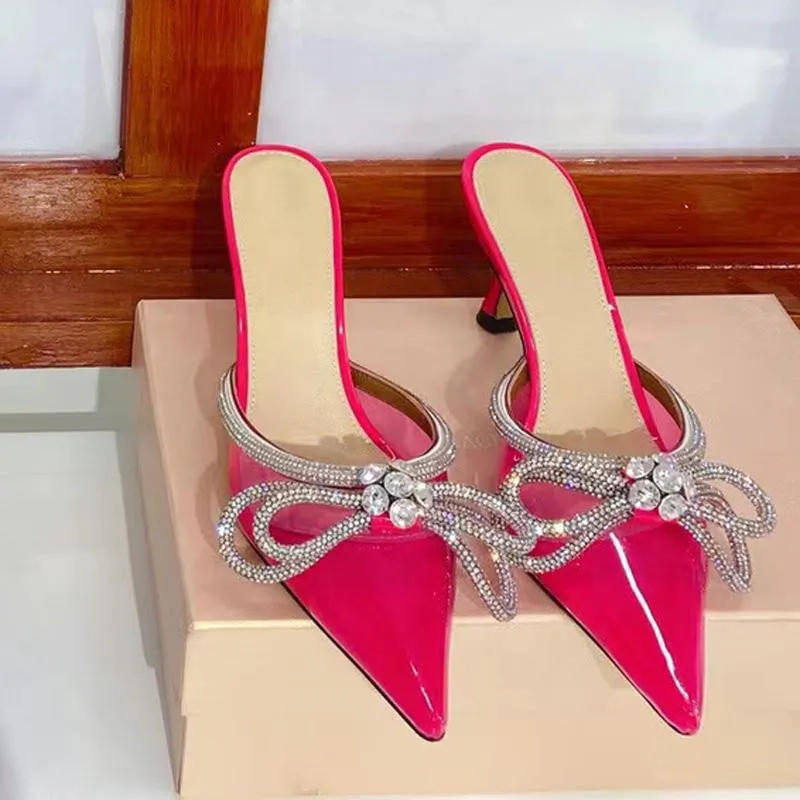 Luxury transparent PVX slippers sandals 6.5cm Rhinestone bow decorative evening dress women