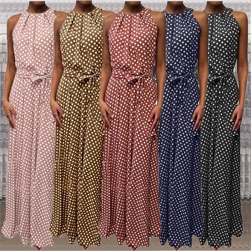 В горошек Dot Printed Long Dress Ladies без рукавов обратное воротнич