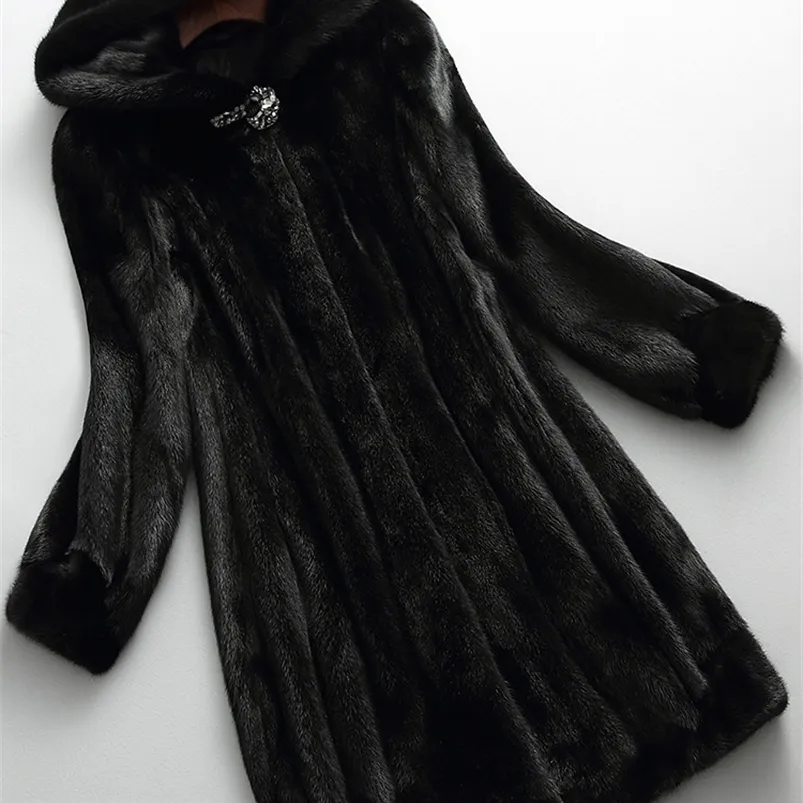 Lautaro High quality long black winter faux fur coat women with hood long sleeve Plus size warm fluffy furry jacket LJ201021