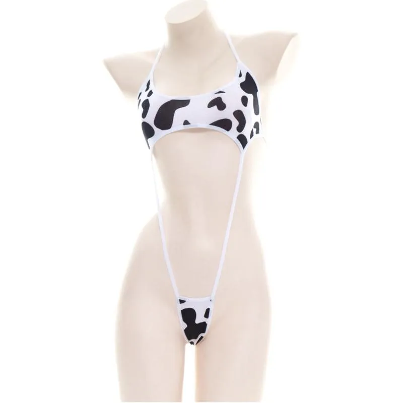 Maillots de bain pour femmes Femmes Mignon Lait Vache Imprimé Bikini Body Sexy Halter Dos Nu Découpe Micro Combinaison Bretelles Érotique Cosplay Lingerie Swimsu