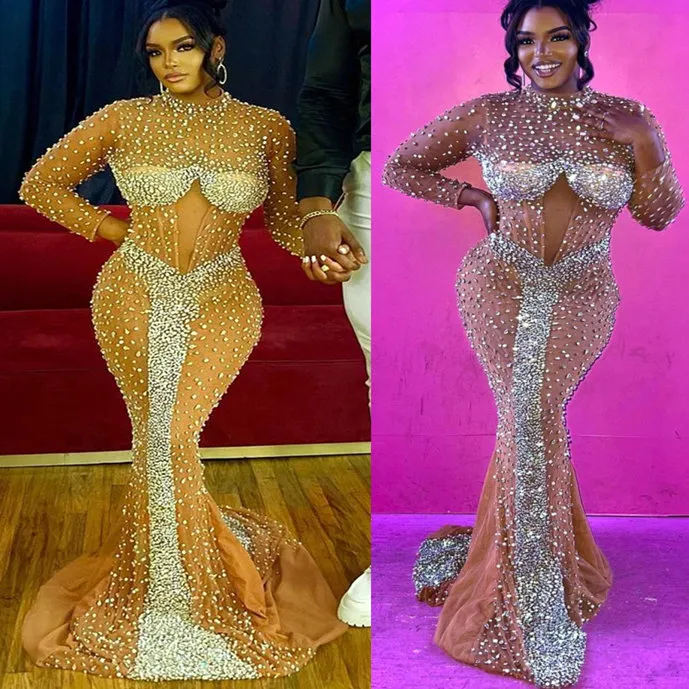 2022 Plus Size Arabo Aso Ebi Lussuoso Sirena Oro Abiti da ballo Cristalli con perline Serata formale Festa Secondo ricevimento Compleanno Abiti di fidanzamento Abito ZJ332