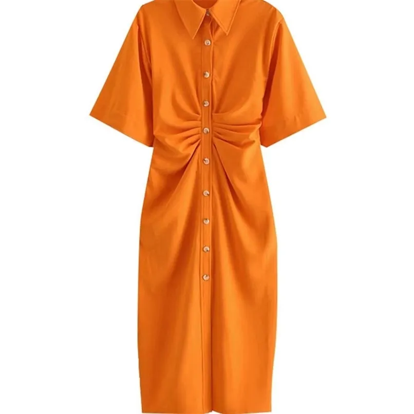 TRAF Women Chic Fashion Button up Draped Midi Shirt Dress Vintage Short Sleeve Side Zipper Female Dresses Vestidos 220630