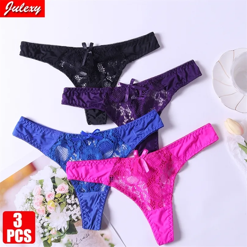 3Pcs/set Julexy Arrivals Sexy Lace Thong Woman Hollow out Solid Women Panties S M L XL Underwear 220425