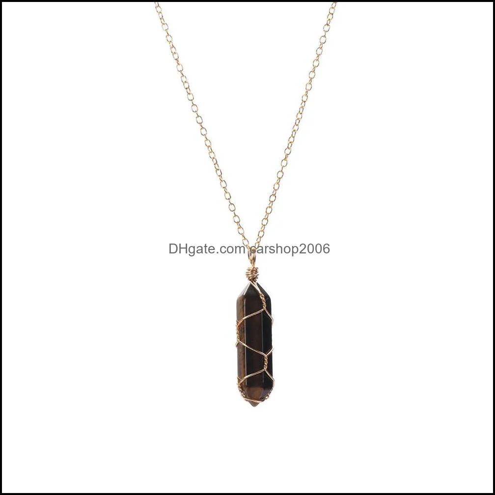 Hexagonal Cylindrical Crystal Necklace Natural Stone Pendant Wire Wrap Stone Necklace for Women Men Jewelry