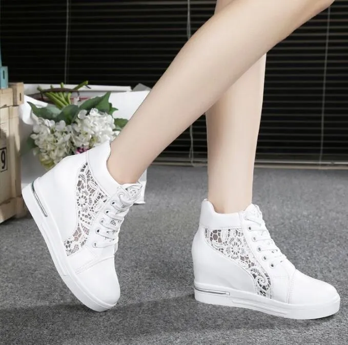 Summer Women Lace Casual Shoes Woman Breathable Flats Lace Loafers High Heels Platform Wedges Ladies Height Increasing Creepers White