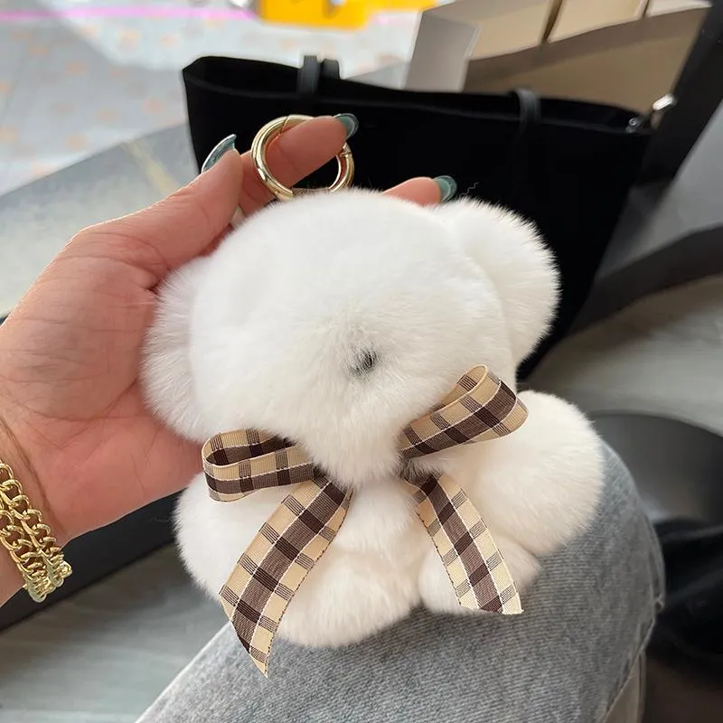 Keychains Luxury Real Rex Fur Little Cute Bear Keychain Fluffy Originality Cartoons Toys Key Ring Women Bag Ornament Trinket Gifts2398