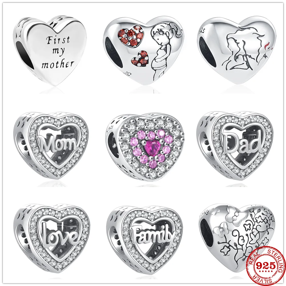 925 Sterling Silver Dangle Charm Heart Forever Frist My Mother Family Dad Beads Bead Fit Pandora Charms Bracelet DIY Jewelry Accessories