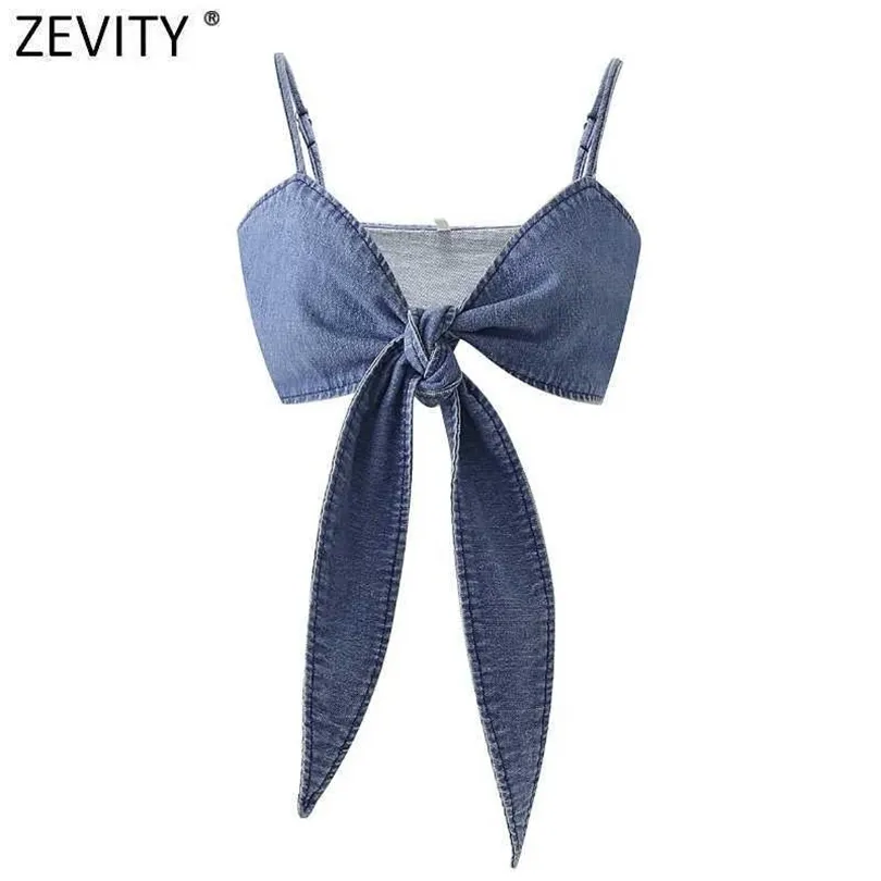 Zevity femmes Spaghetti sangle Sexy nœud noué Chic court Denim Camis réservoir dames été mince culture fronde hauts LS9059 210603