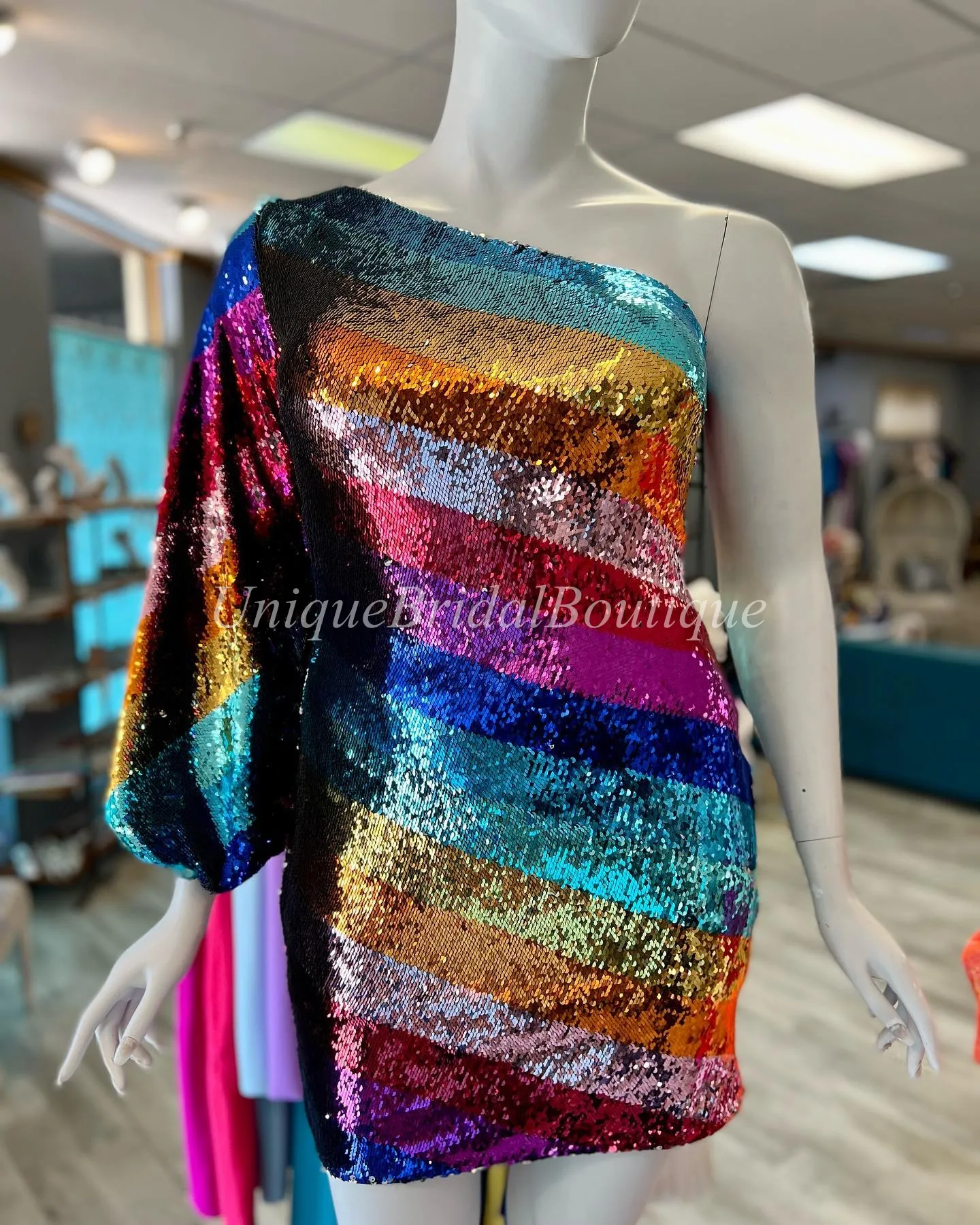 Rainbow Sequin Glitter Cocktail Dress With Long Puff Sleeves Multi Color  Formal Party Gown For Women, Perfect For NYE 2023 And Club Nights OU84324b  From Ouri, $62.76