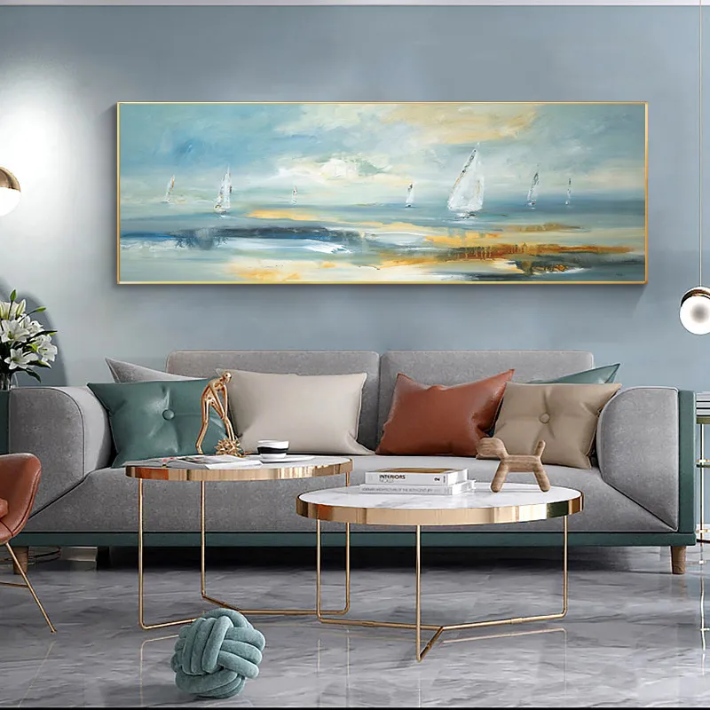 Natural Abstract Boat Landscape Oil Painting on Canvas Cuadros Posters and Prints Scandinavian Wall Art Picture for Wall Art