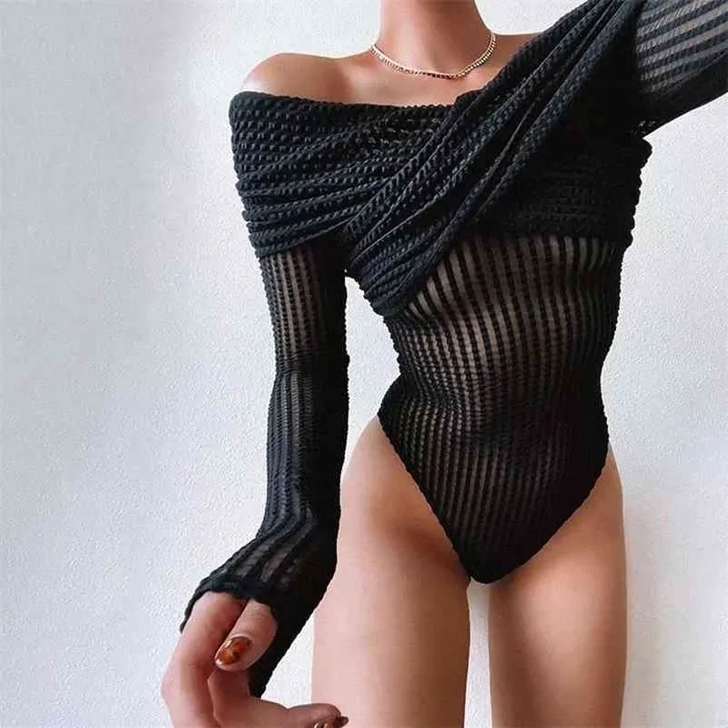 Mulher sexy Black Slim Lace Seethrough Bofysuits Spring Fashion Ladies Tops sem alças