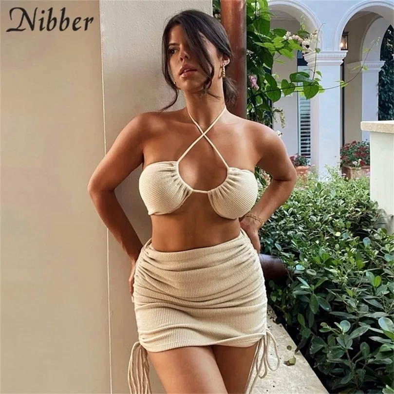 Nibber Solid Cleavage 2 Piece Set Women Backless Sexy Halter Midnight Top Bangage Юбка для шнурки Clubwear Club Matching Set 220602