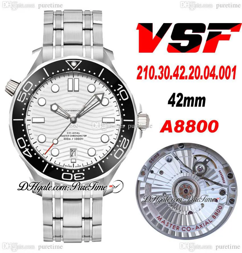 VSF V2 Diver 300M A8800 Automatik-Herrenuhr, schwarze Keramiklünette, weißes Zifferblatt mit Wellenstruktur, Edelstahlarmband 2210.30.42.20.04.001, Super Edition Puretime 03A1