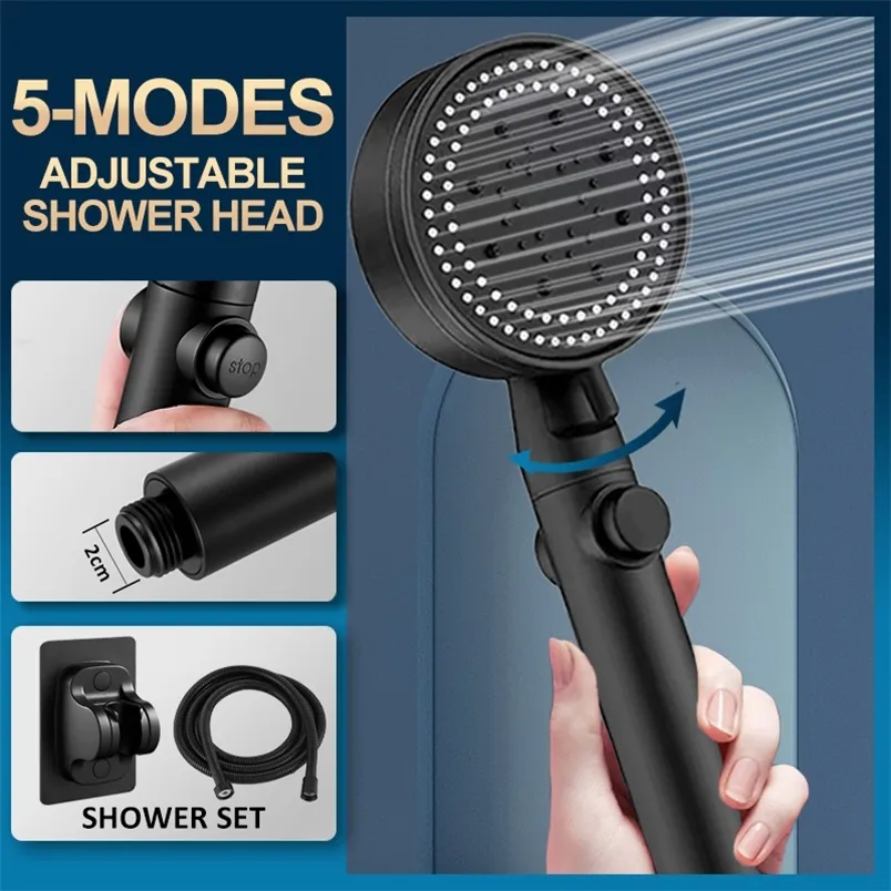 Pommeau de douche économie d'eau noir 5 modes douche haute pression réglable Onekey Stop Massage à l'eau douche Eco accessoires de salle de bain 220606