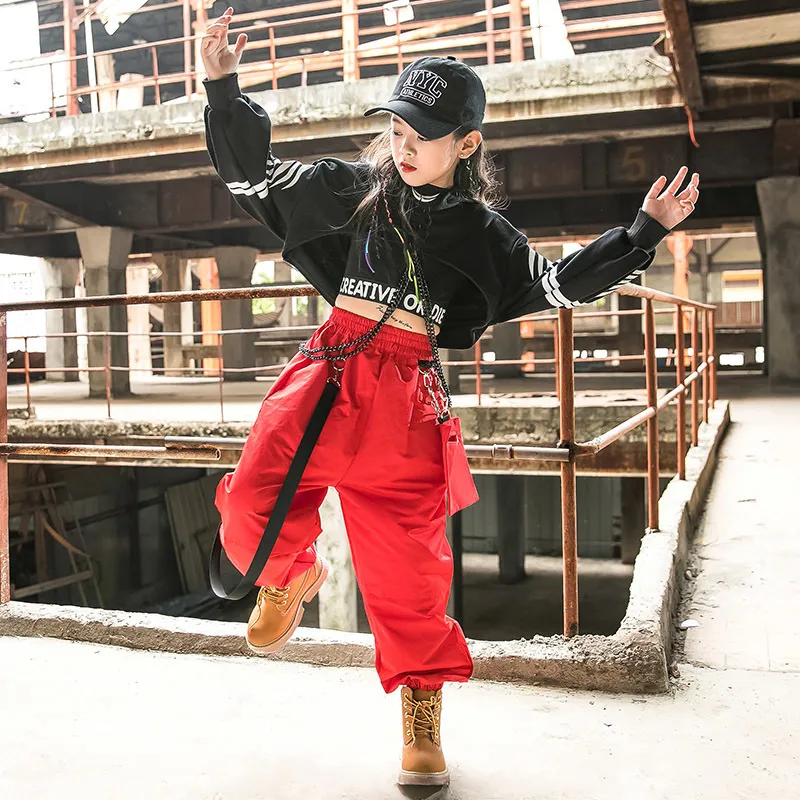 Hip Hop Clothing Girls Jazz Dance Costume Long Sleeve Black Tops Red Cargo  Pants Kids Hip Hop Performance Wear Rave Clothes 5049 2 From 23,09 €