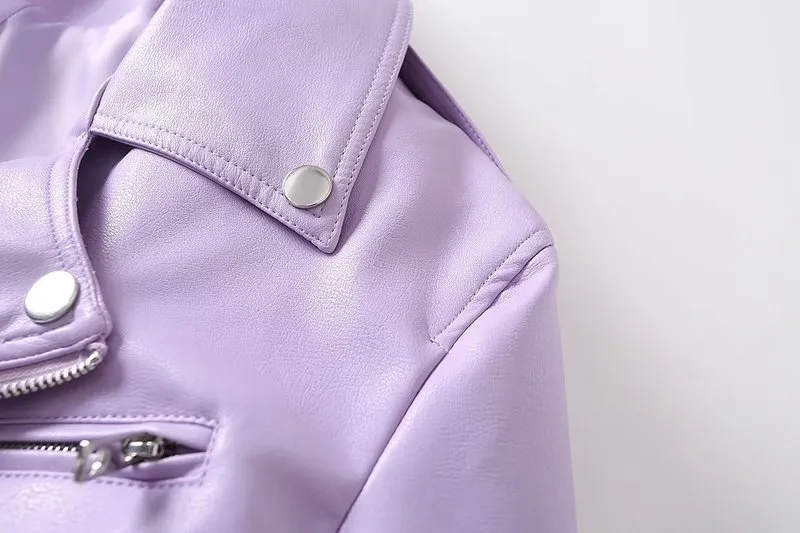 FTLZZ Womens Purple Faux Leather Biker Jacket With From Lu04