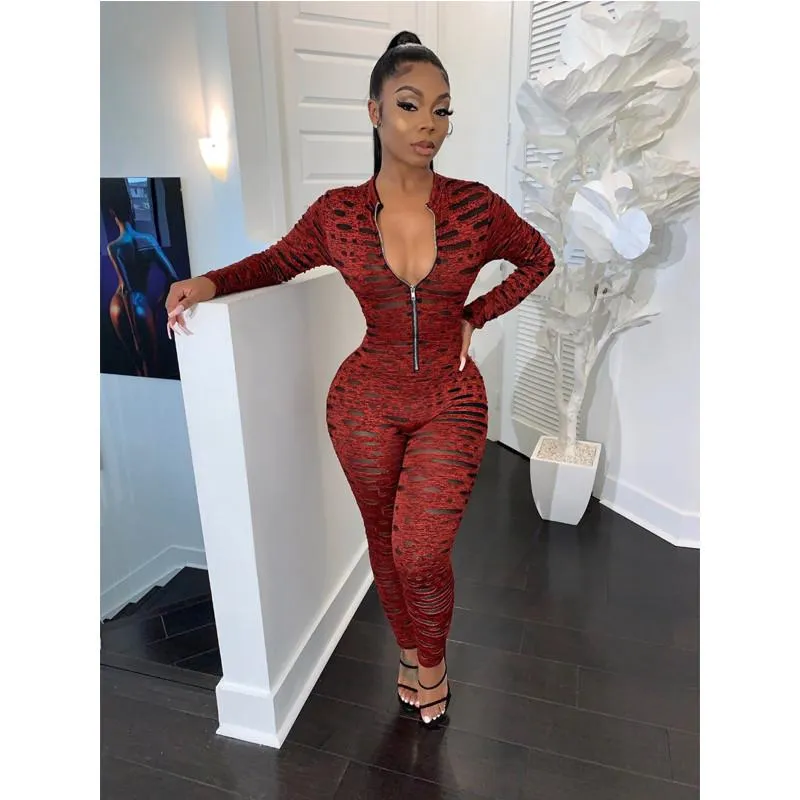 Women's Jumpsuits & Rompers Autumn Printed Long Sleeve Full Jumpsuit Skinny Women Bodycon Zipper Playsuit Sprot Fitness Overalls Femme