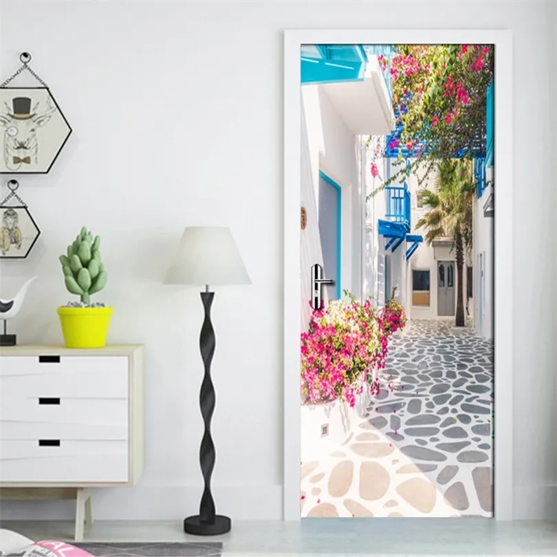 Living Room Bedroom Door Wall Sticker PVC Waterproof Wallpaper Decoration Romance Greek Street View 3D Door Mural Wallpaper Roll 201009