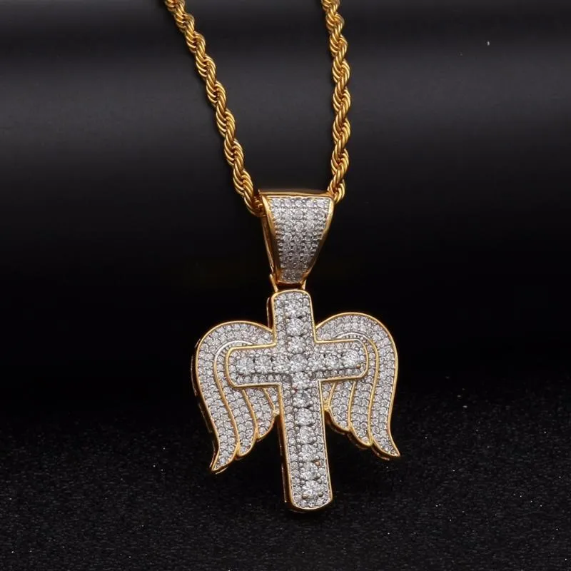 Hip Hop Plein CZ Zircon Pavé Bling Glacé Aile D'ange Croix Pendentifs Collier Pour Hommes Rappeur Bijoux Or Couleur GiftPenda