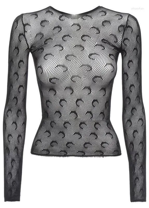 Прозрачная сетчатая сексуальная футболка с принтом луны, женские тонкие базовые повседневные женские топы с круглым вырезом и длинным рукавом, весна 2022