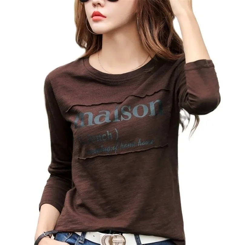 Vår Koreanska Långärmad T-shirts Kvinnor Solid Färg Bamboo Bomull Vinter Blå T-shirts Loose Coffee Letter O-Neck Tops 220408
