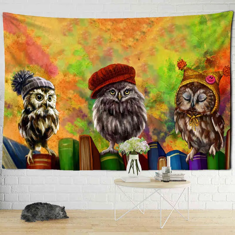 Psychedelic Animal Tapestry Spread Owl Fabric Wall Hanging Living Room Bedroom Hippie Lace Bohemian Decoration J220804