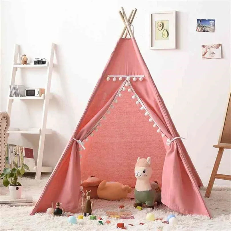 Children's Fold Tent Teepee for Kids Portable Tipi Infantil House for Infant Cabana Tents Decoration Carpet Wood Play House Toy 210402