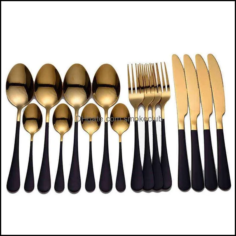 Tableware Black Stainless Steel Cutlery Set Forks Knives Spoons Kitchen Dinner Fork Spoon Knife Gold Dinnerware 16 Pcs 0221