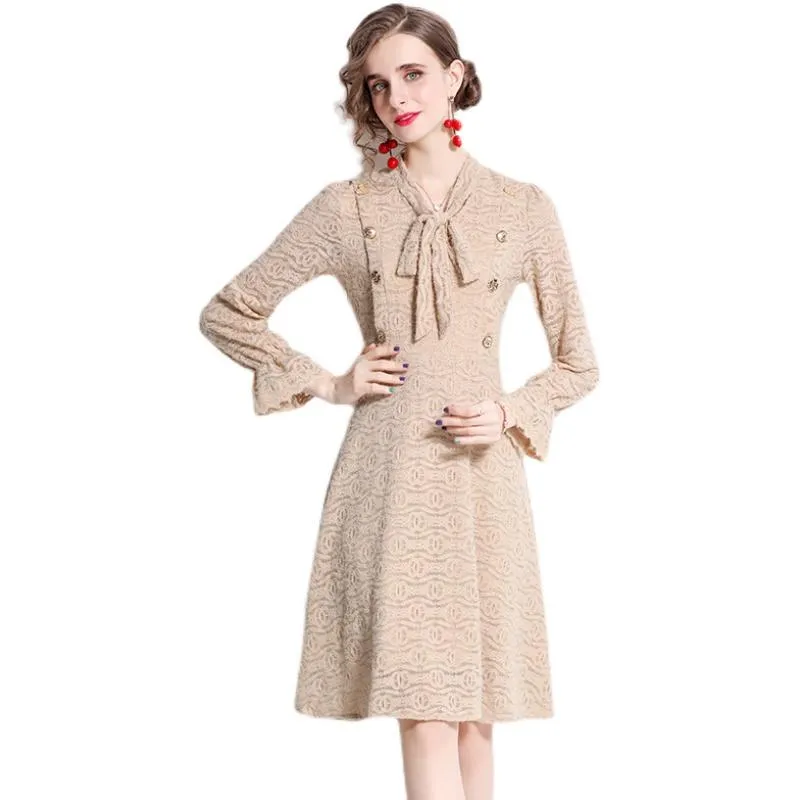 L￤ssige Kleider Simgent Khaki Lace Kleid Frauen Herbst Langarmkn￶pfe eine Linie elegante Knie L￤nge Mode 2022 Robe Femme SG2883Casual