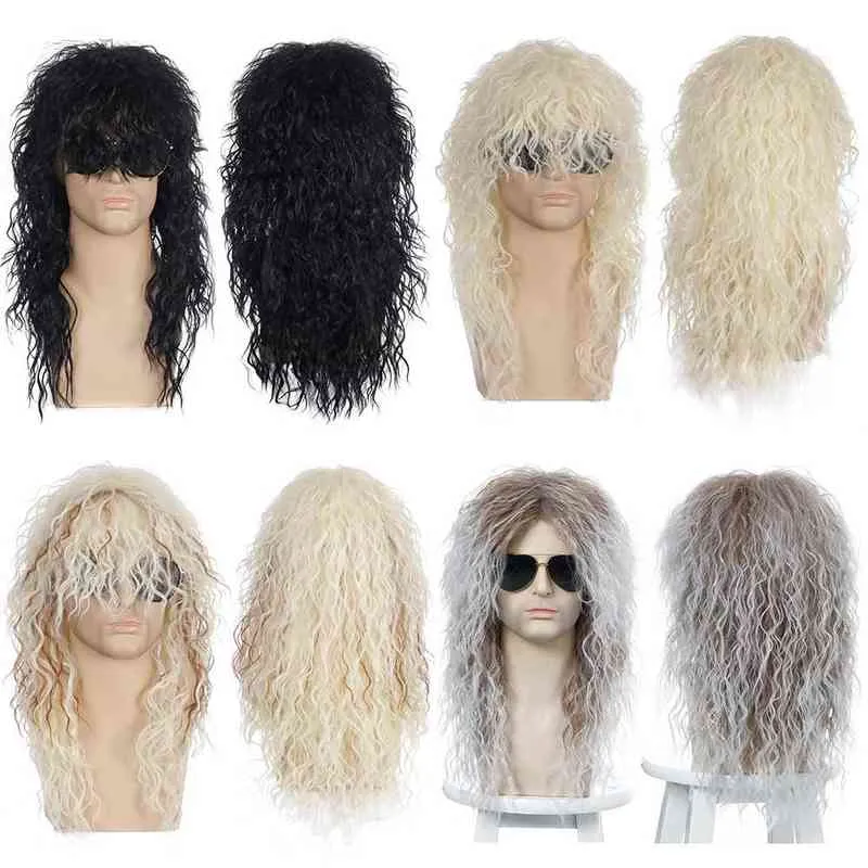 FGY Men's Long Curly Hair Halloween Cosplay Synthetic Wig Black Gold Brown Silver White Punk Metal Rock Disco Fluffy 220622