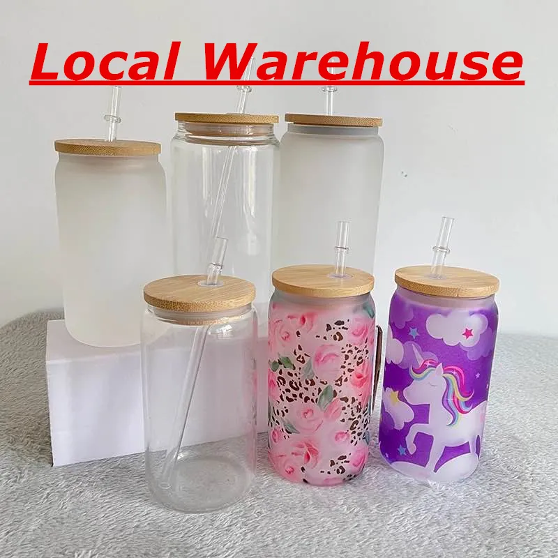 Local Warehouse 16oz Sublimation klar gefrostete Biergläser mit DeckelKunststoffstrohhalme 500ml weiße leere Wasserflaschen DIY Wärmeübertragung Weingläser A12