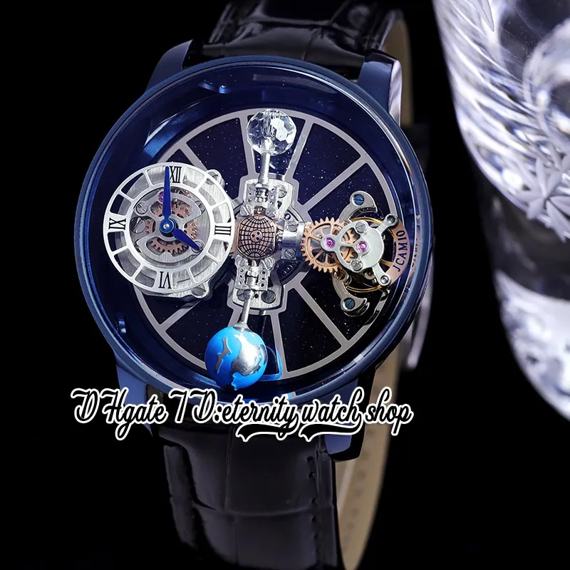 BZF Astronomia Tourbillon Swiss Quartz Mens Watch PVD Blue Stainless Steel Case Sky Skeleton 3D Globe Dial (won't spin) Black Leather Static version eternity Watches