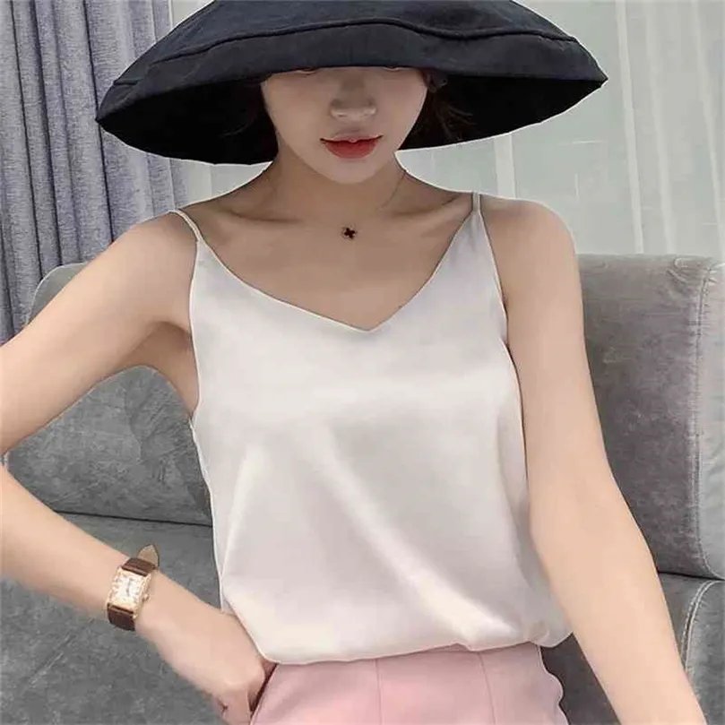 Koreańskie jedwabne najlepsze kobiety w stylu n-nutka satynowe topy zbiornikowe Kobieta bez rękawów czarne koszulki cami seksowne kantar eleganckie kobiety białe topy 210401