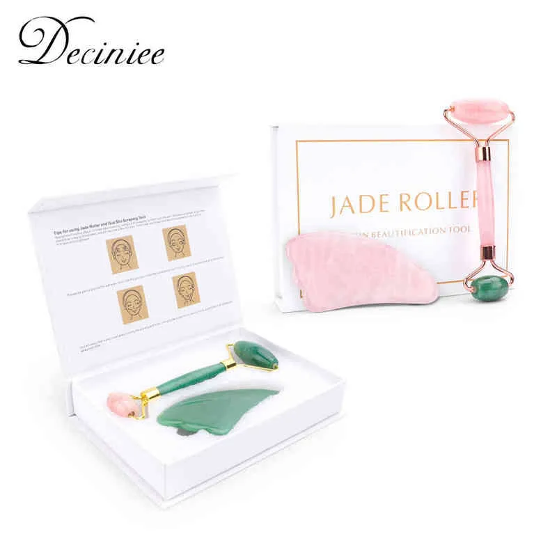 Mix Color Face Lift Massager Jade Roller Set Facial Massage Natural Rose Quartz Stone Beauty Tool Girl Gift220429