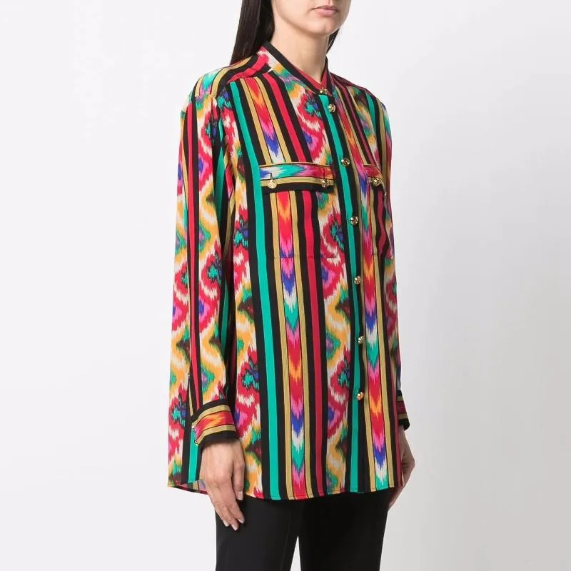 Women's T-Shirt Summer Metal Button Double Pocket Striped Dyeing Long Sleeve Casual Versatile Silk Shirt Top T-shirtWomen's