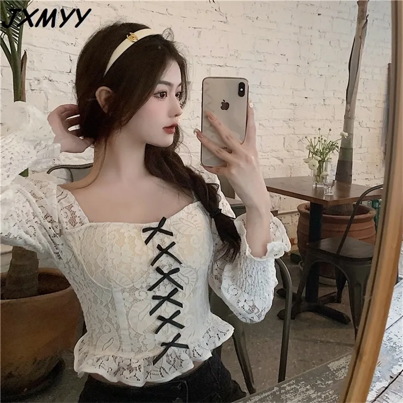 short lace shirt female design sense niche spring puff sleeve top all-match thin shirt JXMYY 210412